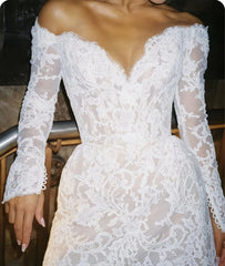 White Lace Bridal Dresses Long Sleeves Mini Wedding Gown