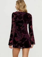 Alitra Long Sleeve Mini Dress Floral Devore Burgundy
