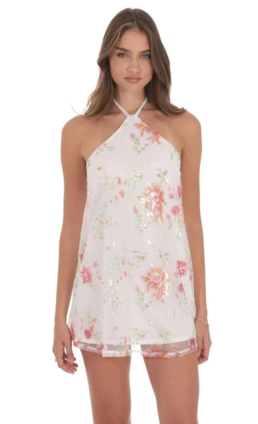 Floral Sequin Halter Shift Dress In White