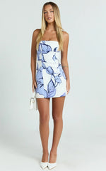 Catharine Mini Dress - Strapless A Line Dress In Blue Floral