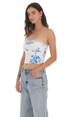 Strapless Floral Top In White