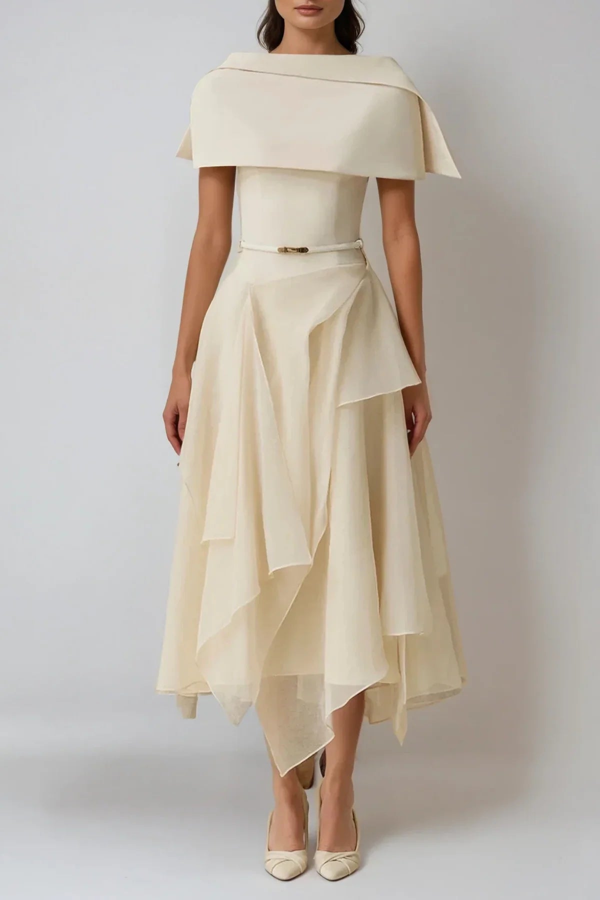 Deividas Two Piece Shawl Ruffle Midi Dress