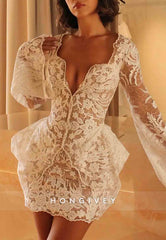 Low V-Neck Bell Sleeves Bell Sleeves Short  Boho Wedding Dresses