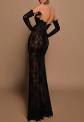 Sexy Sheer Lace Applique Off-Shoulder Sleeves with Slit  Sheath Formal Evening Dress
