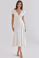 Ivory Real Silk V-Neck Midi Tea Dress