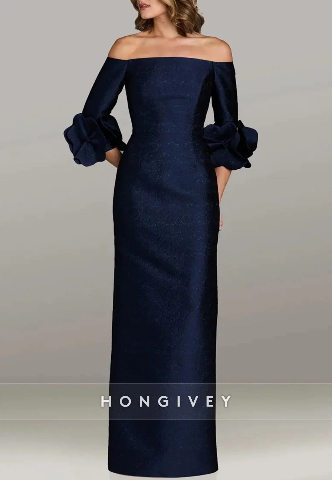 Floor-Length Evening Gown Pleated Off the Shoulder Column 3/4 Sleeve Formal Dress