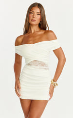 Juliet Mini Dress - Off Shoulder Lace Contrast Dress in Ivory