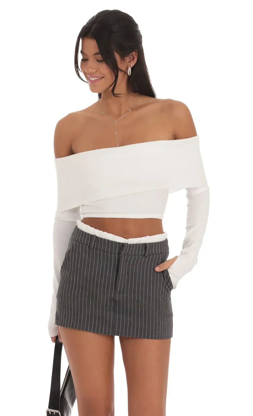 Faux Layered Pinstriped Skort In Grey
