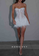 Sparkly White Strapless Lace A-Line Mini Wedding Dresses with Tassel