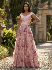 A-Line Floral Jacquard Floor-Length Mother of the Bride with Ruched Satin Bodice