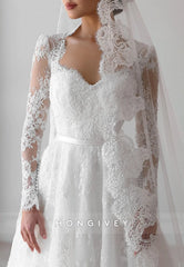 Lace Sweetheart Long Sleeves Court Train A-Line Detachable Wedding Dresses