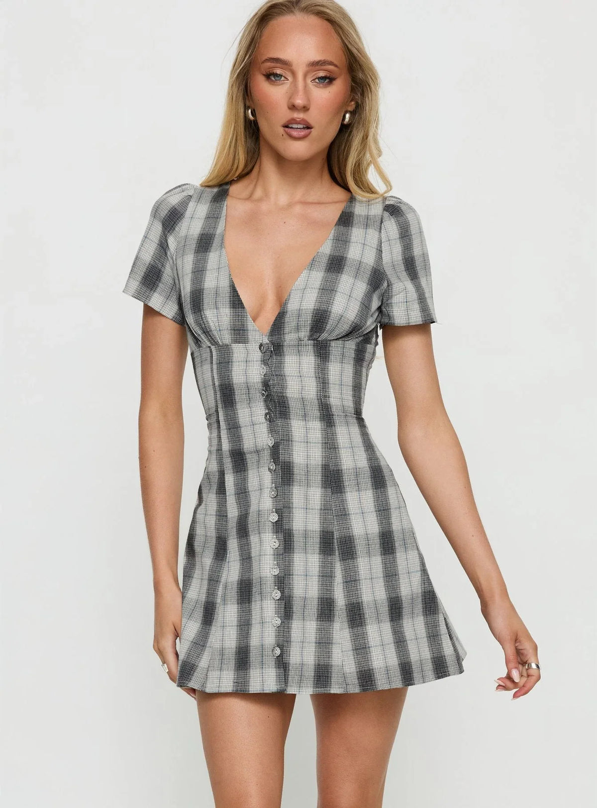 Twist Of Fate V Neck Mini Dress Navy Plaid