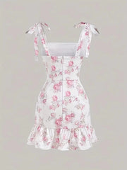 Ruffled Hem Floral Tie-Strap Mini Dress