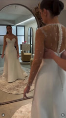 Elegant O-Neck Lace Beaded Long Sleeve Button Floor-Length Wedding Dress