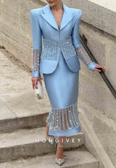 V-Neck Long Sleeves Sky Blue Split Evening Gowns Tea-Length Formal Dresses