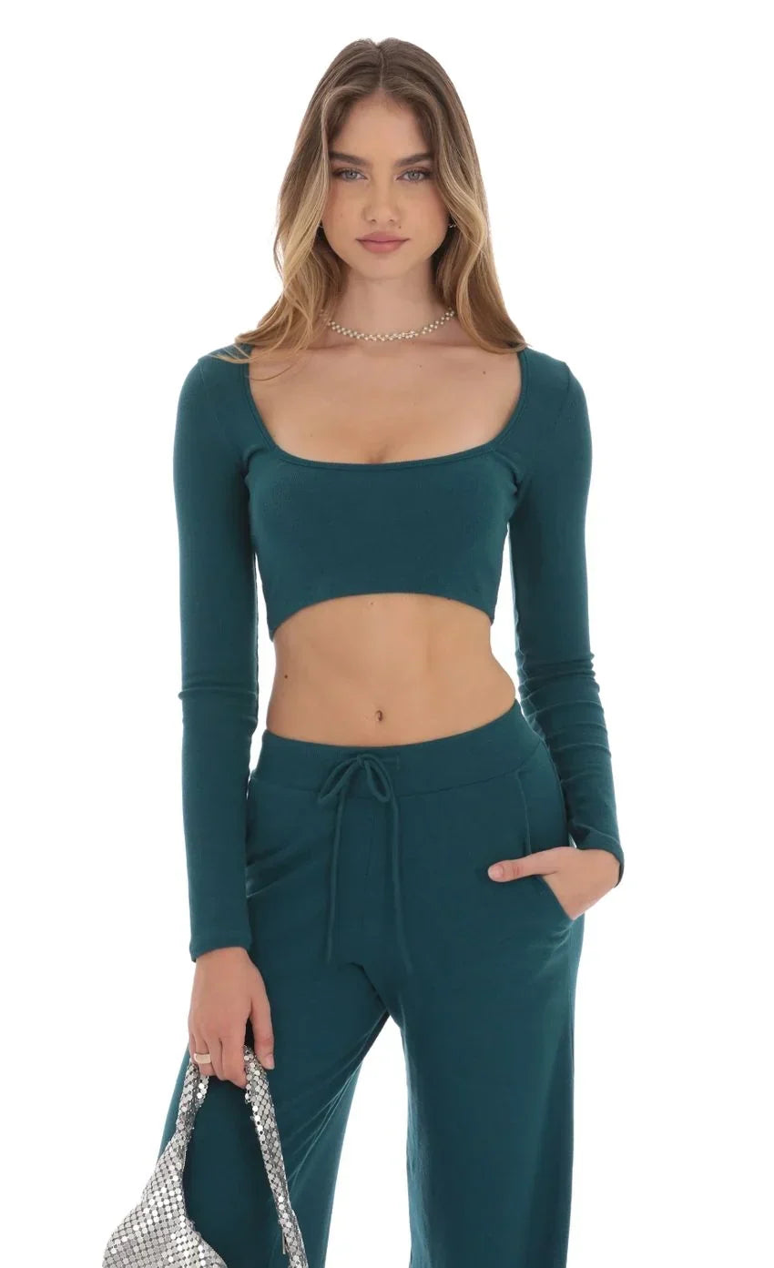 Cropped Ribbed Top In Teal