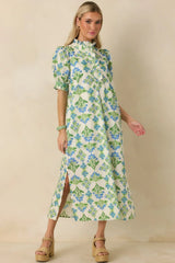 Fresh Fields Ivory Multi Cotton Floral Print Ruffle Neck Maxi Dress