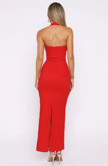 Champagne High Halter Maxi Dress Red