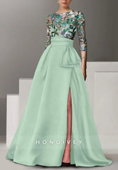 A-line Floor-Length High Slit Illusion Neck Evening Gown Beading 3/4 Sleeve Pleated Formal Dresses