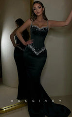 Couture Rhinestone Embellished  V-Neck Train Evening Party Prom Dress