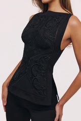 black cotton placement lace broderie anglaise boat neck top