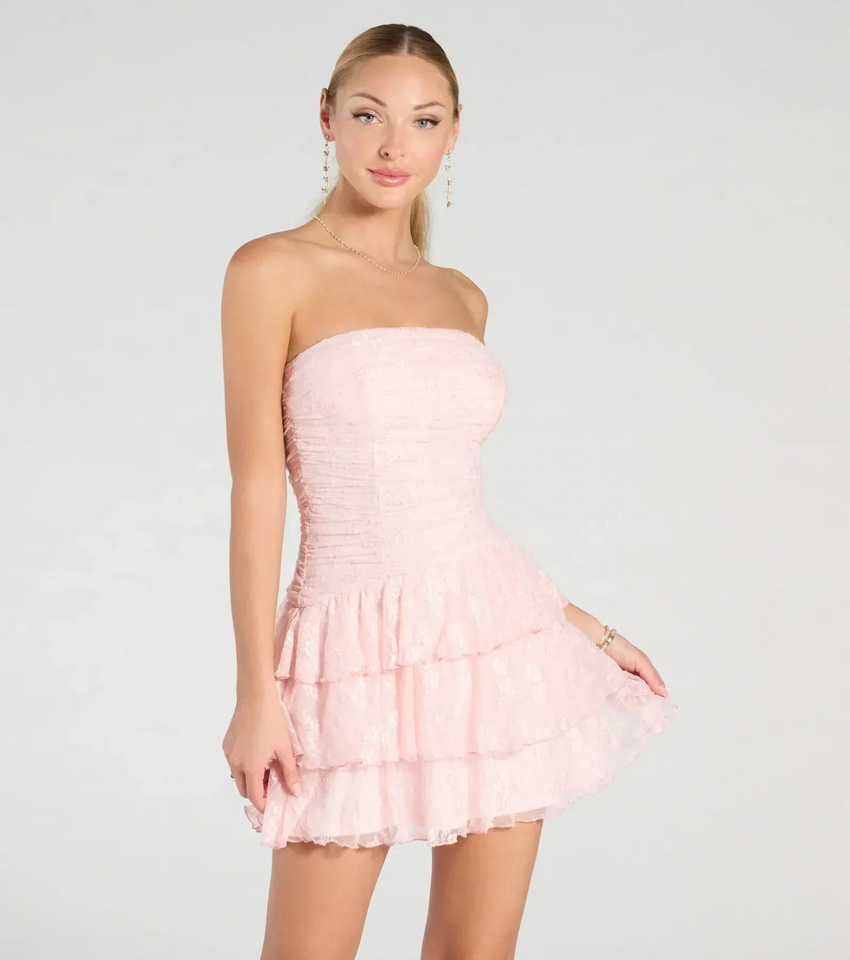 Lovely Nights Strapless Lace Ruffle Skater Dress