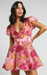 Brailey Jacquard Mini Dress - Puff Sleeve Dress In Pink