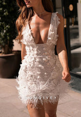 Gorgeous Low V-Neck Sheath Mini Homecoming Dress with Appliques and Feather