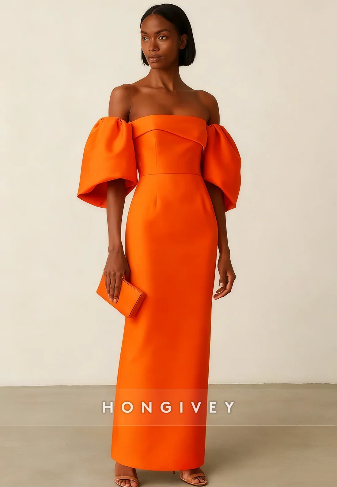 Off the Shoulder Satin Half Sleeves Column Ankle-Length Evening Gown