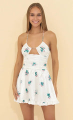 Floral Ruched Satin Dress In White