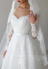 Lace Sweetheart Long Sleeves Court Train A-Line Detachable Wedding Dresses