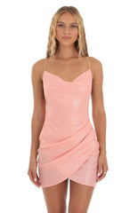 Cowl Neck Gold Foiled Dress In Pink