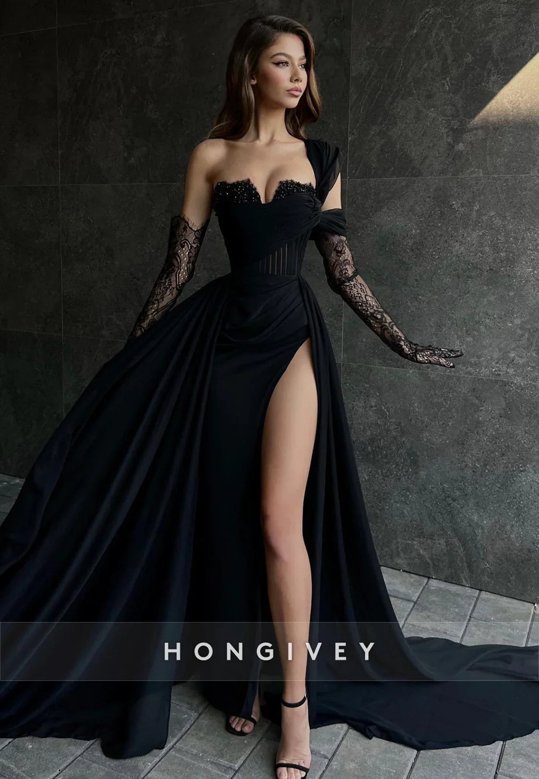 Sexy Illusion Asymmetrical Lace Sleeves With Train and High Slit Party Prom Formal Evening Dress