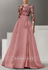 A-line Floor-Length High Slit Illusion Neck Evening Gown Beading 3/4 Sleeve Pleated Formal Dresses
