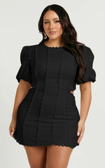 Laila Mini Linen Blend Dress - High Neck Side Cut Out Puff Sleeve Straight Dress in Black