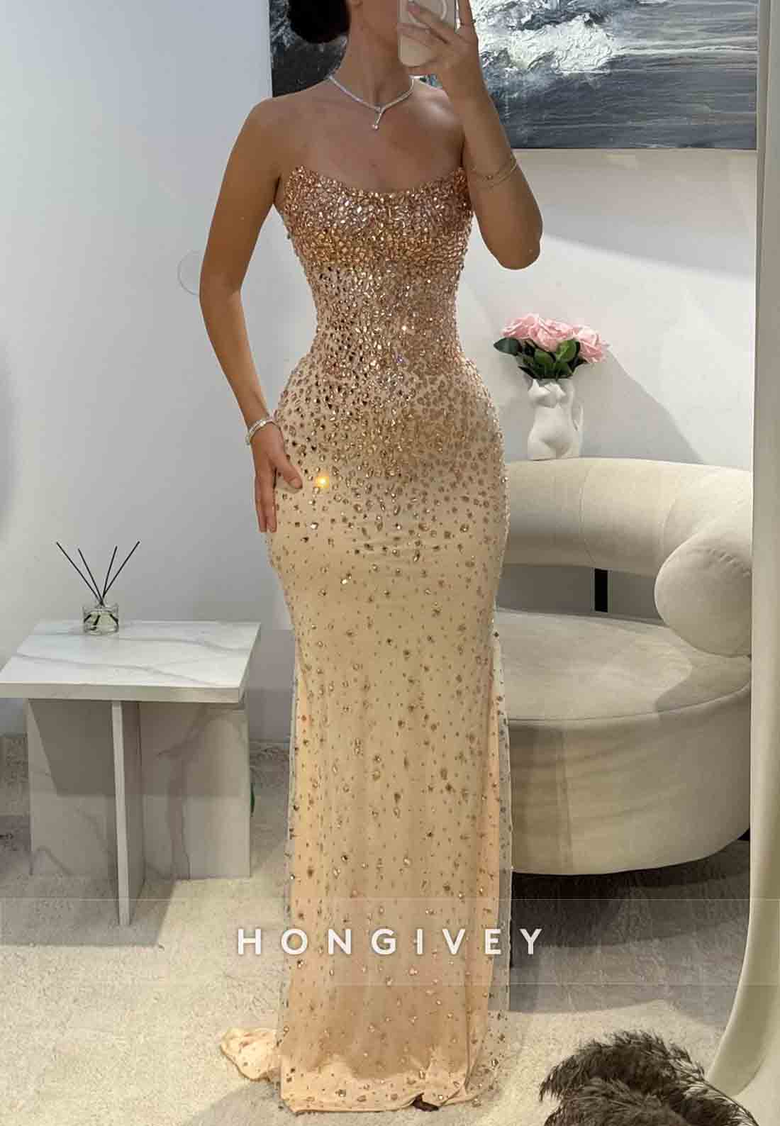 Sparkly Golden Column Strapless Floor-Length Evening Gowns with Beading