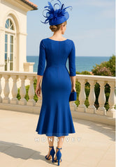 V-Neck Appliqued 3/4 Sleeve Mermaid Pleated Tea-Length Mother of Bride Dresses