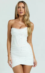 Kelsey Mini Dress Beaded Strapless Corset Panel Dress With Detachable Tulle Skirt In White