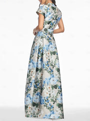Elegant Blue Floral Print A-Line Floor-Length Evening Dress Slde