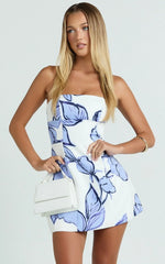 Catharine Mini Dress - Strapless A Line Dress In Blue Floral