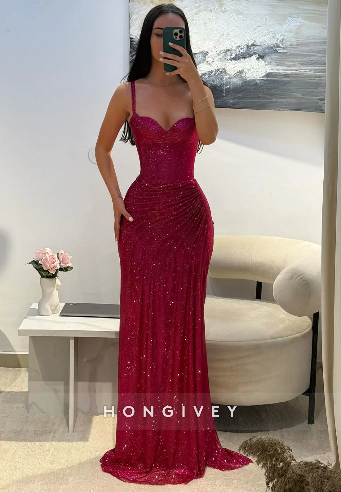 Sweetheart Glitter Evening Gown Regular Straps Floor-Length Pleated Sheath Formal Dresses