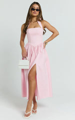 Halter Tie Neck Corset Panel Dress In Pink