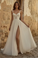 Chiffon A-Line Spaghetti Straps Sweetheart With Side Slit Beach Wedding Dress