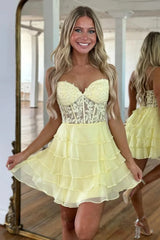 Charming A-Line Sweetheart Lace Top Short Tiered Chiffon Homecoming Dress
