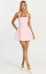 Halter Neck Tie Tulip Skirt Dress In Pink