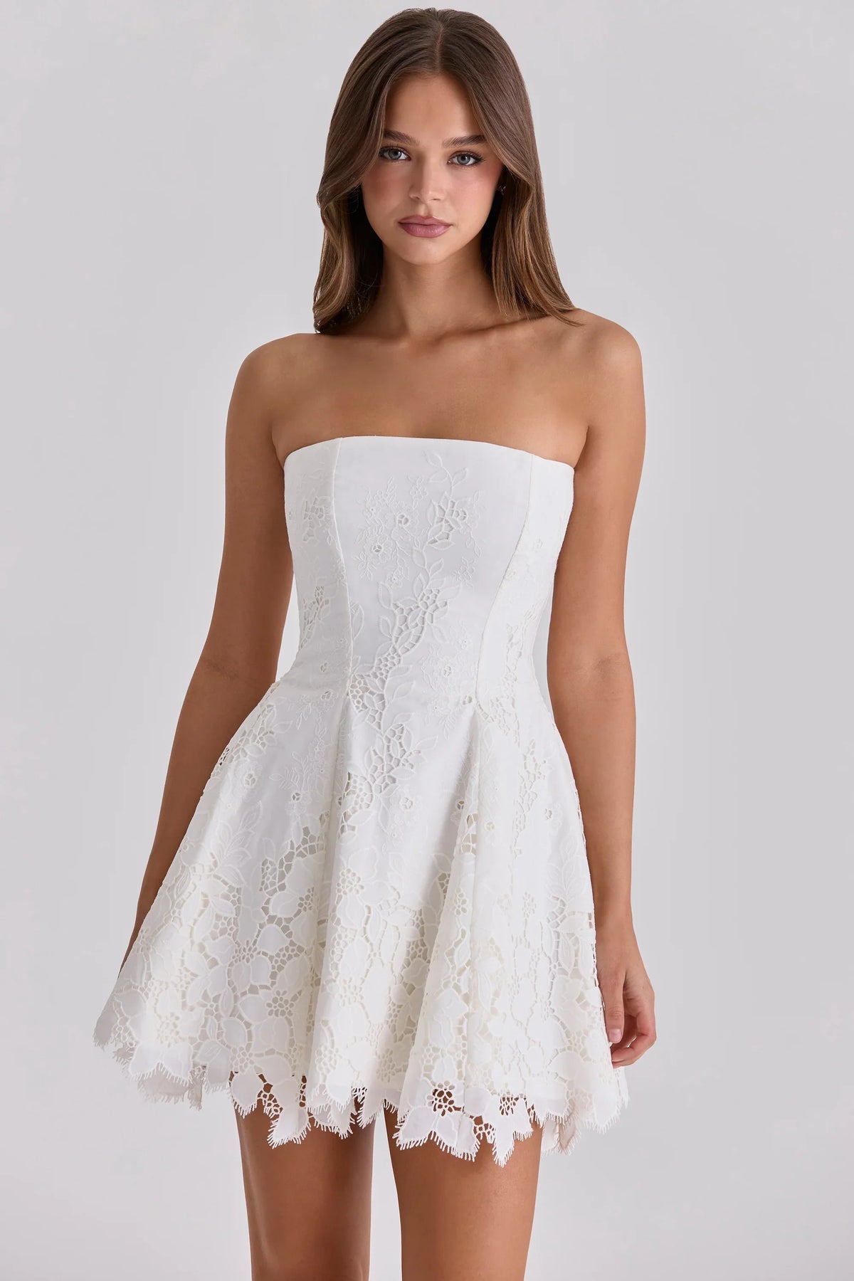 white strapless custom lace broderie anglaise mini dress