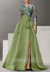 A-line Floor-Length High Slit Illusion Neck Evening Gown Beading 3/4 Sleeve Pleated Formal Dresses