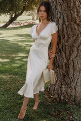 Ivory Real Silk V-Neck Midi Tea Dress
