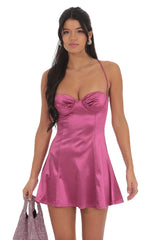 Satin Fit And Flare Dress In Magenta