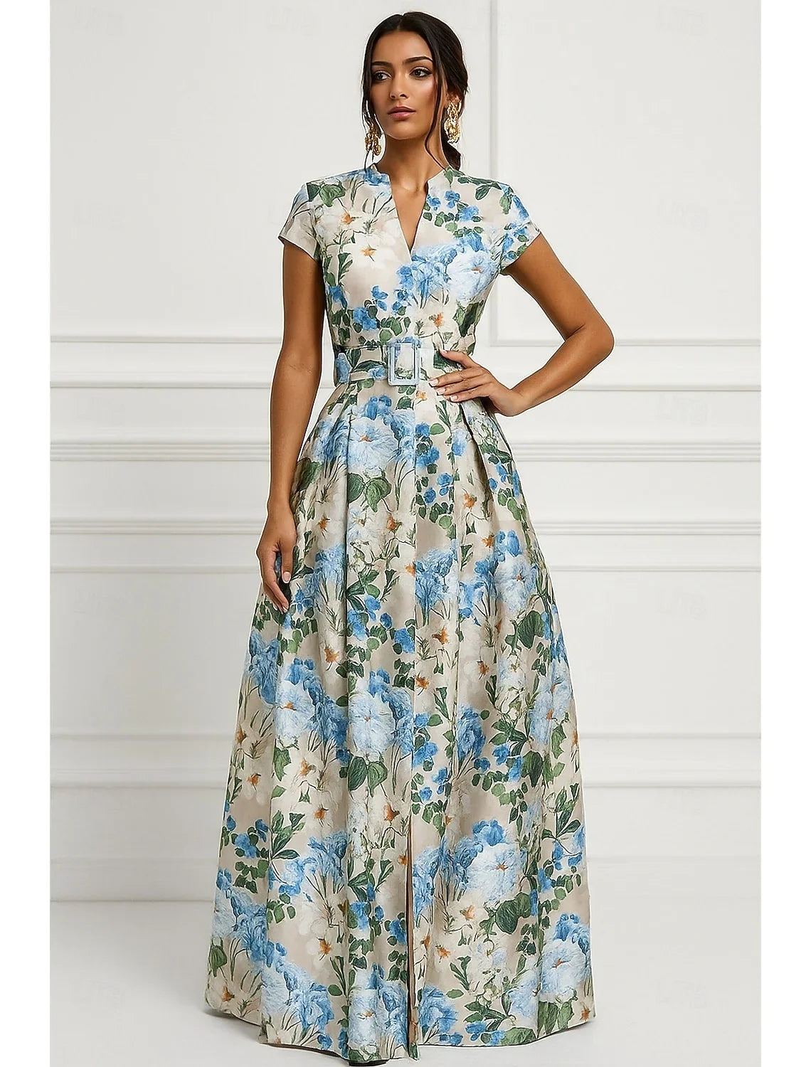 Elegant Blue Floral Print A-Line Floor-Length Evening Dress Slde